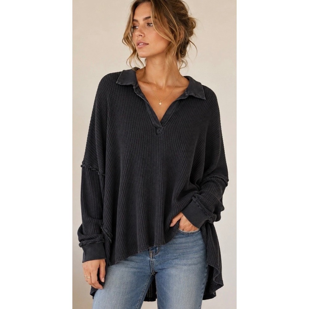 Free People We The Free Travis Polo Black Waffle Knit Oversized Grunge Thermal S